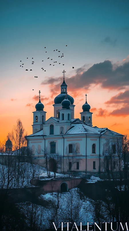 Orthodox church with domes at winter sunset in profile.