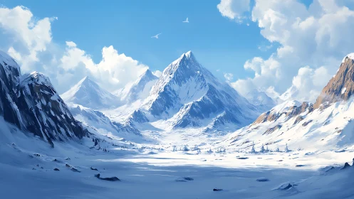 Snowbound alpine valley under towering blue peaks.