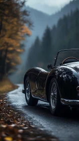Rain-kissed classic roadster drifting through misty pines.