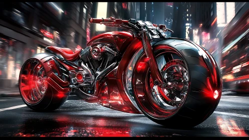 Futuristic red motorcycle is rendered on a wet city street