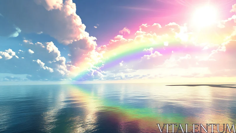 Vivid rainbow arcs above calm reflective ocean horizon