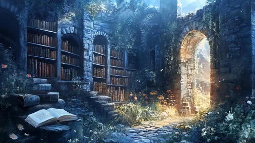 Ancient stone library courtyard with glowing garden gate.