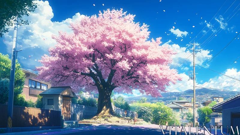 Sunlit sakura guardian shading a sleepy suburban street.