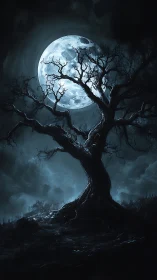 Gnarled moonlit tree silhouette framed against high-contrast blue lunar disc