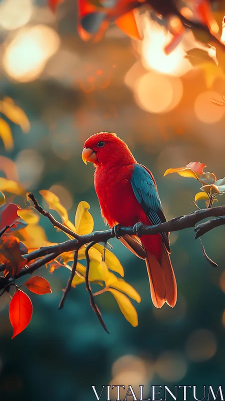 Scarlet parrot pauses mid-song as sunset turns leaves molten