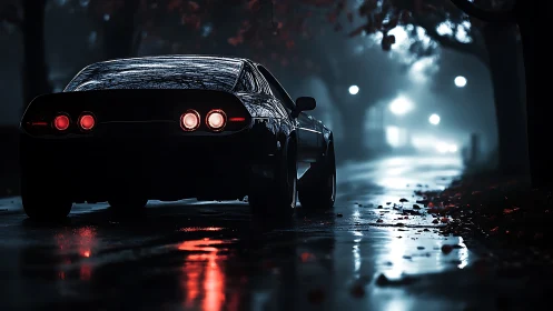 Sports car on wet city street at night in moody light.