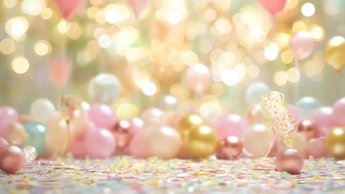 Festive Celebration Scene with Bokeh Lights and Confetti.