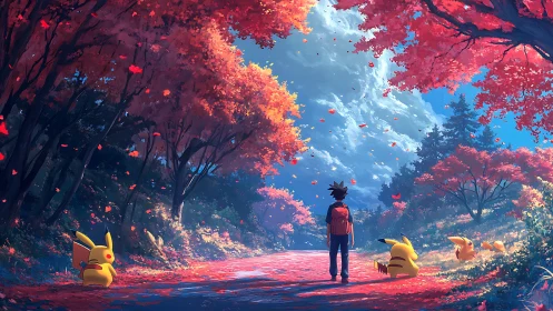 Autumn forest path with trainer and Pikachu under expansive moonlit sky