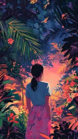 Sunset jungle doorway glows as a quiet dreamer drifts closer