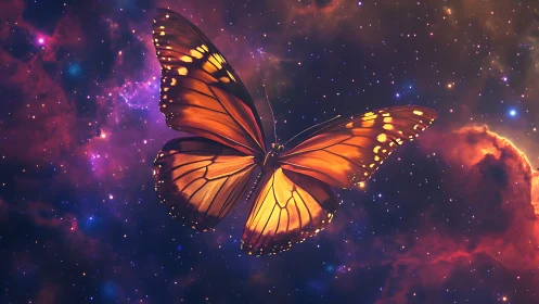 Orange butterfly rendered against a stylized nebula field.