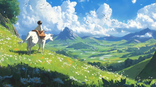 Rider on white mount surveying luminant valley panorama.