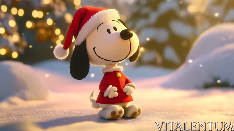 Smiling cartoon dog enjoys a glowing snowy Christmas evening