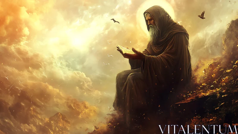 Hooded elder reads from a book amid luminous cloudscape