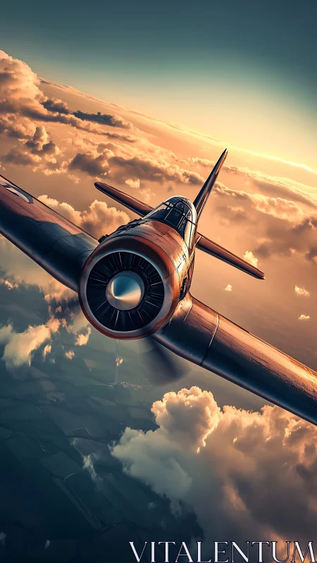 Single propeller aircraft over clouds at sunset altitude.