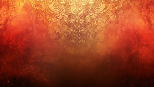 Ornate golden flourish over red textured background.