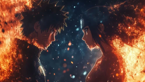Fiery anime duel unfolds amid sparks and darkened skies
