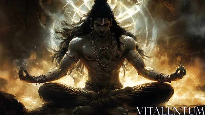 Divine warrior yogi in blazing meditative energy field.