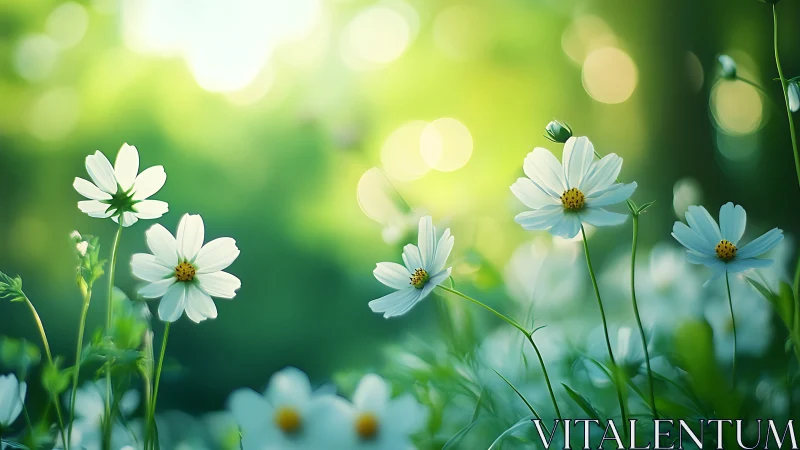 White Cosmos Flowers in Shallow Depth of Field Garden Scene