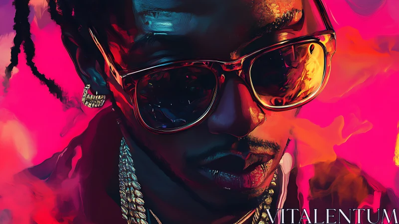 Neon-lit portrait shows stylish rapper in reflective shades