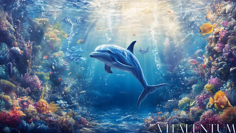 Sunlit dolphin drifts through a coral cathedral of color.