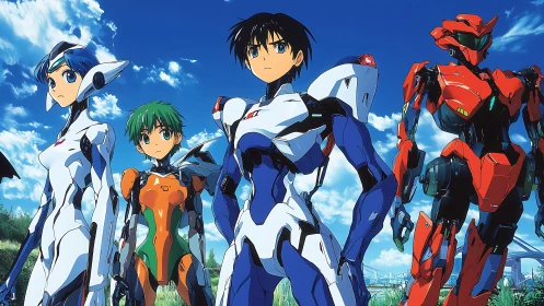 Mecha pilots stand alert under vivid blue sky horizon