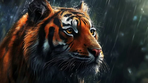 Digital painting profile of tiger in rain with dramatic lighting.
