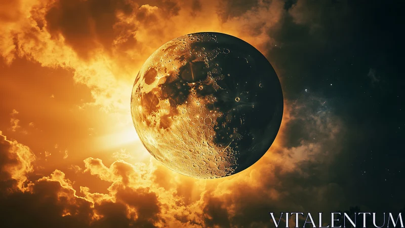 Lunar ember eclipsed in molten sunrise cloudfire glow.