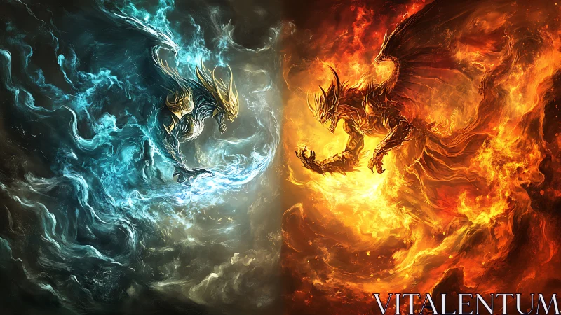 Elemental dragon duel in opposing blue and orange flames.