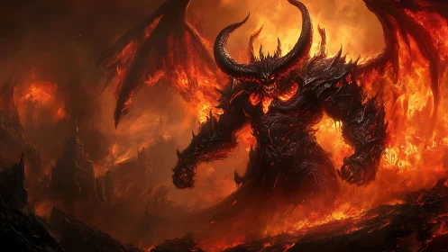 Demonic warlord emerges from volcanic inferno, wings blazing