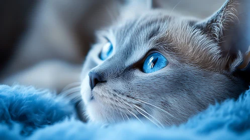 Silver Cat with Piercing Blue Eyes in Textured Blue Setting