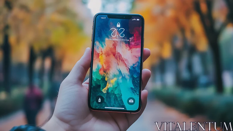 Hand holds smartphone displaying lock screen in outdoor scene