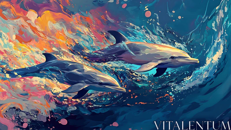 Dolphins race through neon surf under swirling sunset seas.