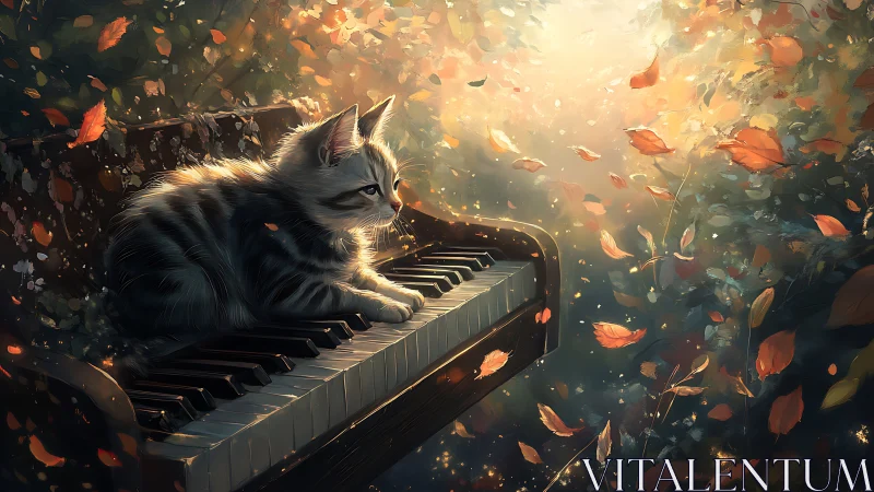 Feline Subject Playing Piano Keyboard in Autumn Foliage Setting.