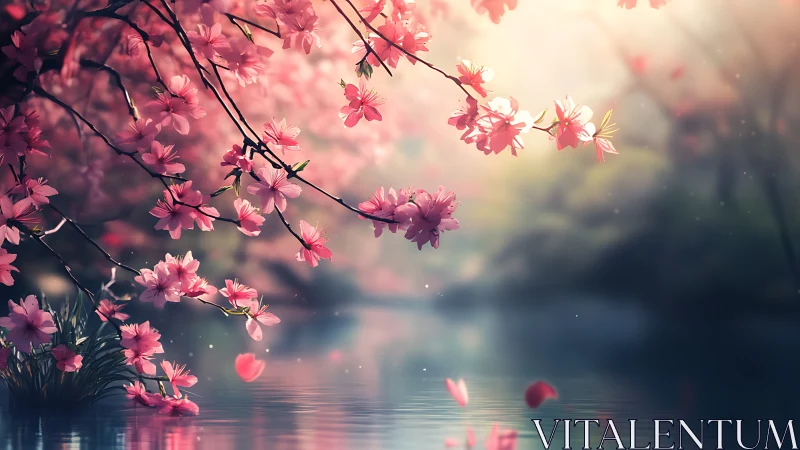 Backlit Cherry Blossoms Over Reflective Water Surface.
