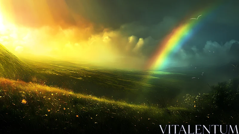 Luminous hill meadow under storm clouds and vivid rainbow.