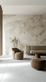 Minimalist lounge with neutral palette, soft forms and diffuse daylight