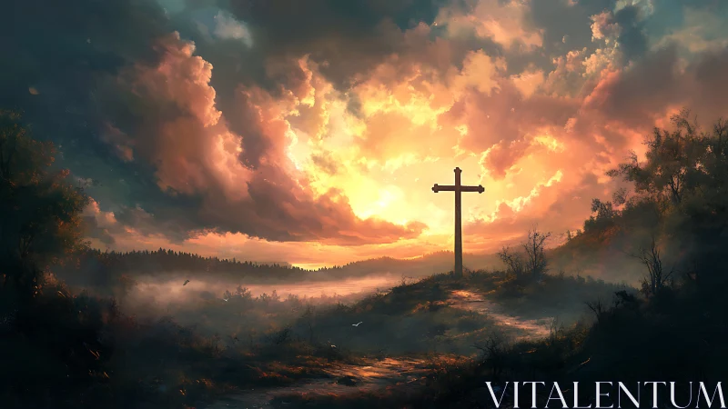 Backlit hillside crucifix under volumetric sunset cloudfield.