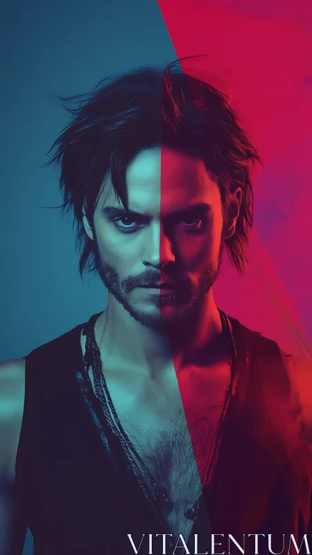 Split-lit male portrait explores dual color identity contrast