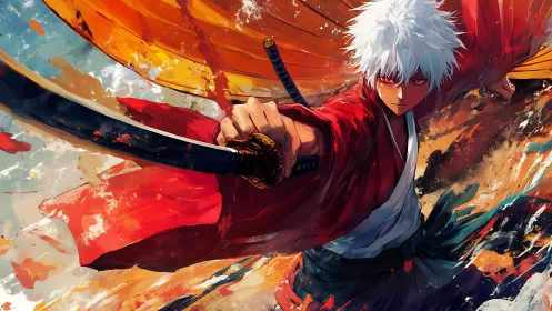 Dynamic anime swordsman in sweeping, painterly motion design.