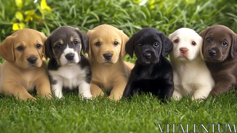 Puppy rainbow of cuddly faces resting in fresh green grass.