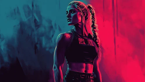 Neon athlete portrait under bold cyan magenta lighting.