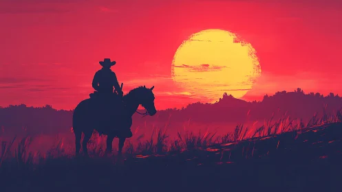Lone rider drifting home beneath a glowing western sun.