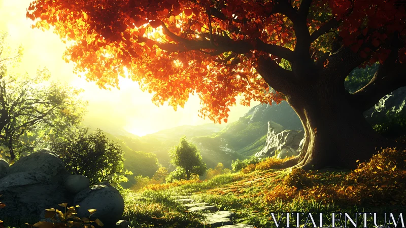 Radiant volumetric sunrise under scarlet deciduous canopy.