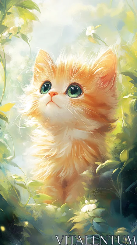 Orange and White Fluffy Cat with Emerald Eyes in Soft Botanical Setting