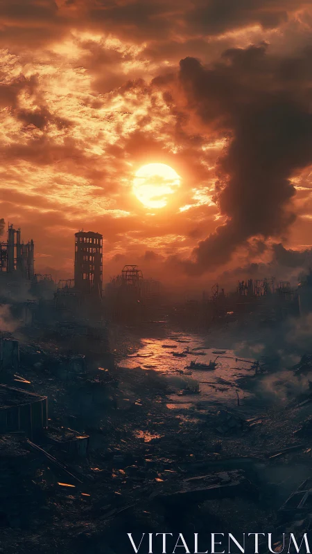 Sunset bleeds over a ruined city drowned in molten light