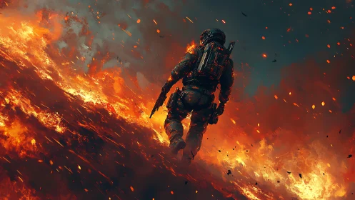 Armored Soldier Traversing Inferno: Tactical Combat Through Apocalyptic Firestorm