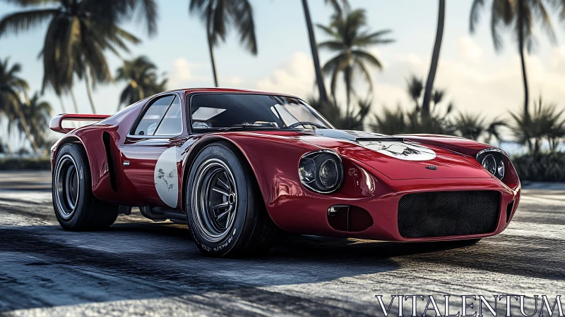 Red vintage race car parked on tropical coastal road.