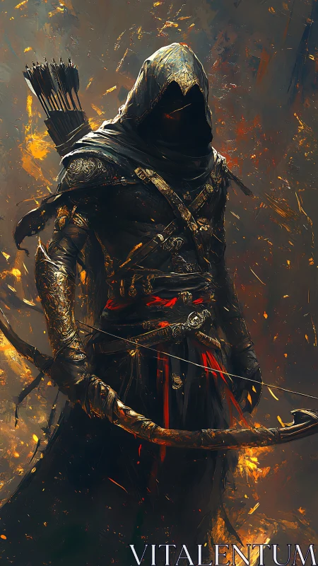 Mysterious hooded archer walking through swirling embers.