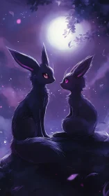 Luminous fox spirits under moonlit violet night sky.