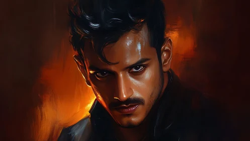 Intense male portrait burns against vivid orange glow.